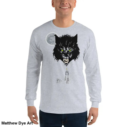 Gray long-sleeved shirt with a werewolf graphic and neon-green eyes, Lunar Menace Long-Sleeve