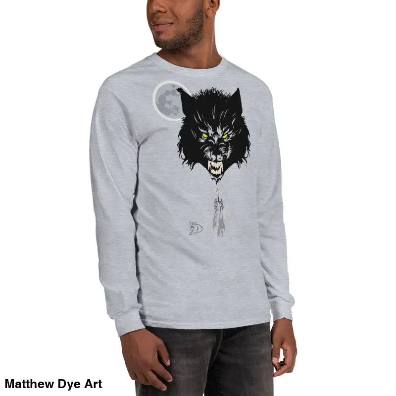 Gray long-sleeved shirt featuring a werewolf graphic with neon-green eyes, Lunar Menace long-sleeve