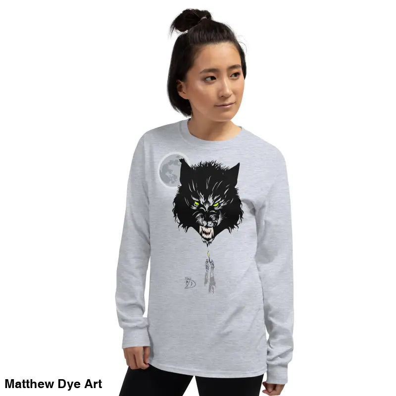 Gray long-sleeved Lunar Menace tee featuring werewolf graphic with neon-green eyes