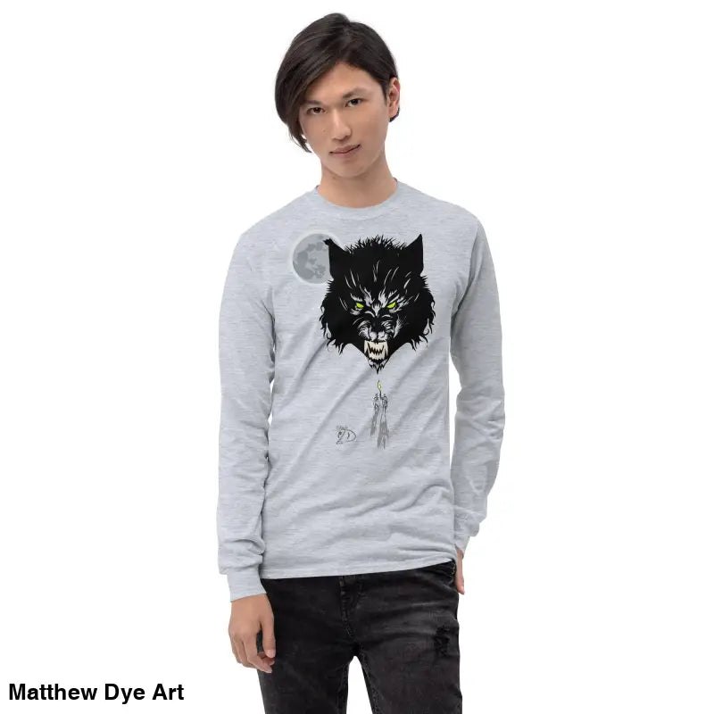 Gray long-sleeve shirt featuring haunting werewolf design and neon-green eyes, Lunar Menace