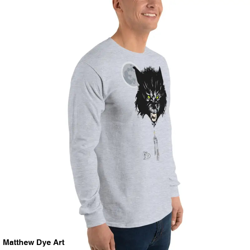 Gray long-sleeved shirt featuring hauntingly stylish Werewolf design with neon-green eyes
