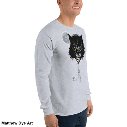 Gray long-sleeved shirt featuring hauntingly stylish Werewolf design with neon-green eyes
