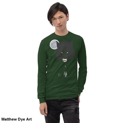 Green long-sleeved shirt featuring hauntingly stylish werewolf graphic with neon-green eyes