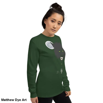 Green long-sleeved shirt featuring neon-green eyes werewolf graphic from Lunar Menace Long-Sleeve