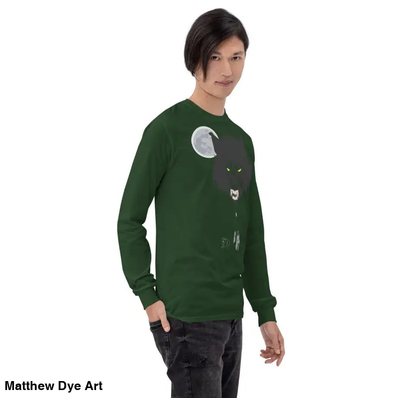 Green long-sleeved shirt featuring a werewolf graphic with neon-green eyes, Lunar Menace Long-Sleeve