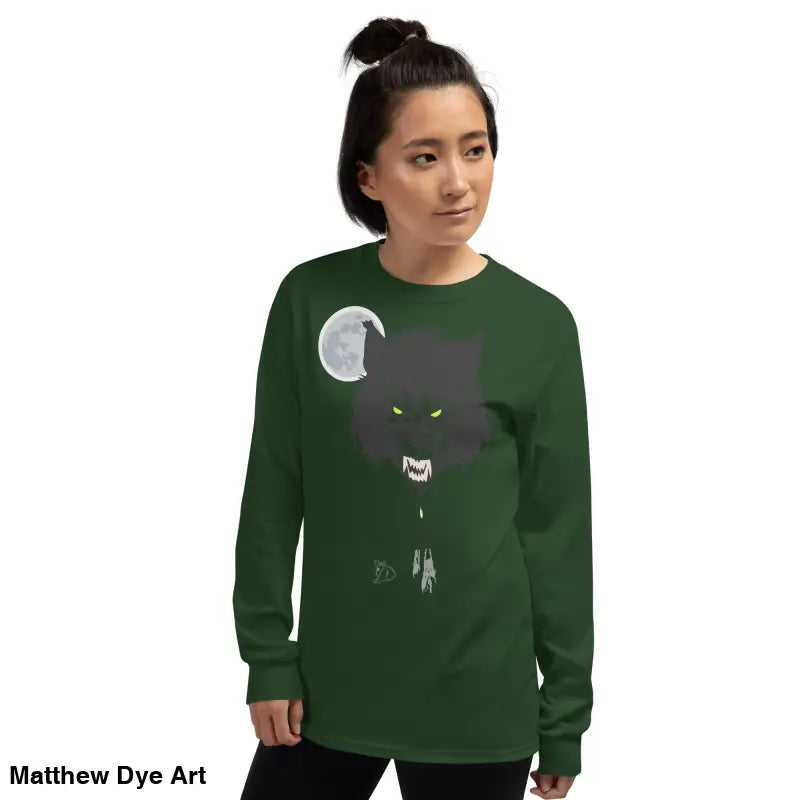 Green long-sleeved shirt featuring a werewolf graphic with neon-green eyes, Lunar Menace Long-Sleeve
