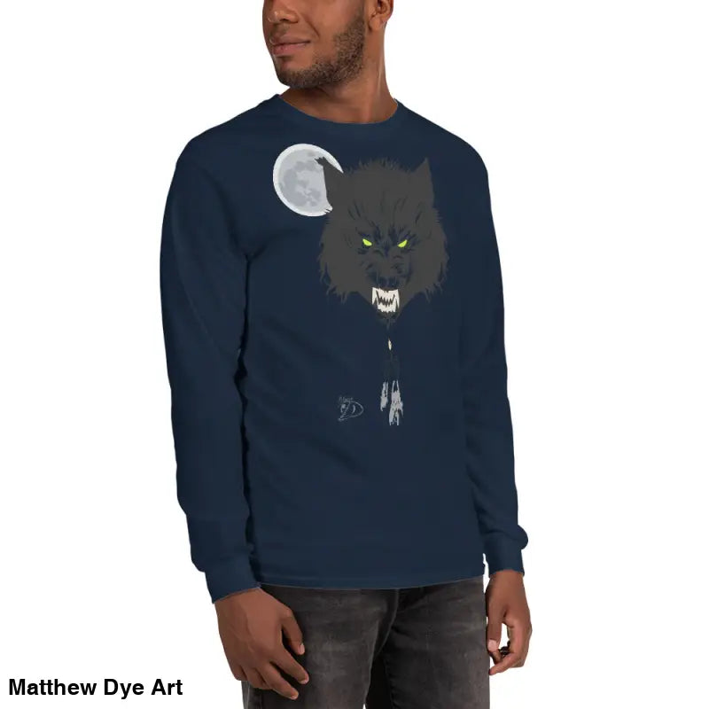 Navy long-sleeved Werewolf shirt featuring Lunar Menace design with neon-green eyes