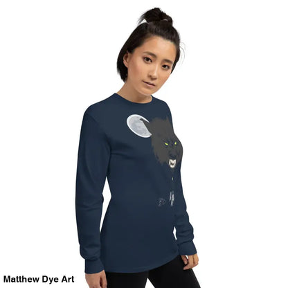 Navy long-sleeved shirt featuring a werewolf graphic with neon-green eyes, Lunar Menace Long-Sleeve
