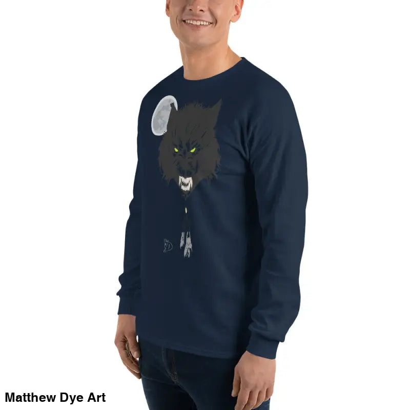 Navy long-sleeved Lunar Menace shirt featuring a werewolf with neon-green eyes