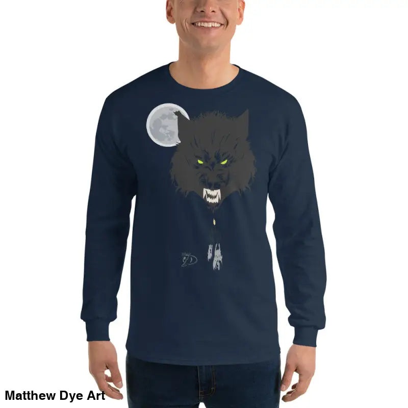 Navy long-sleeved Lunar Menace shirt featuring a werewolf with neon-green eyes