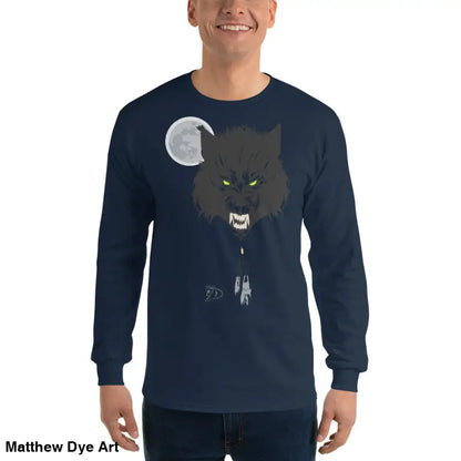 Navy long-sleeved Lunar Menace shirt featuring a werewolf with neon-green eyes