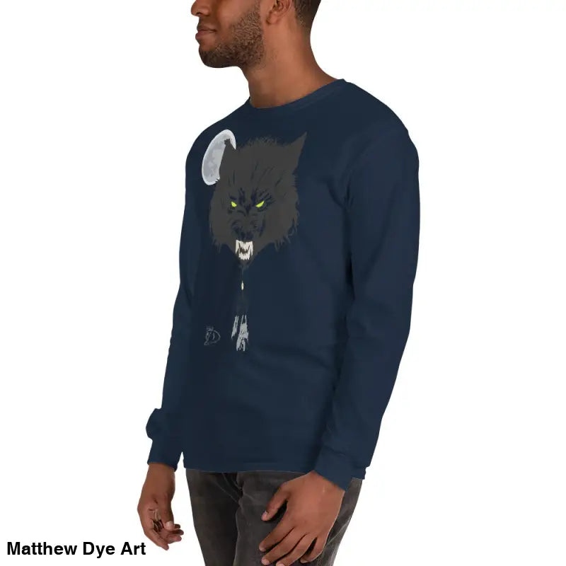 Navy Lunar Menace long-sleeve shirt featuring a werewolf graphic with neon-green eyes