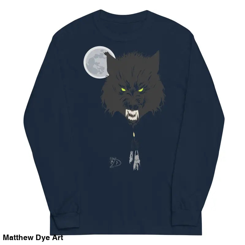 Navy lunar menace long-sleeve shirt featuring a werewolf graphic with neon-green eyes