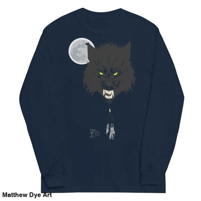 Navy lunar menace long-sleeve shirt featuring a werewolf graphic with neon-green eyes