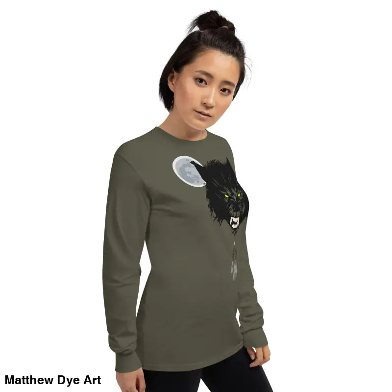 Olive long-sleeved shirt featuring werewolf graphic with neon-green eyes, Lunar Menace Long-Sleeve