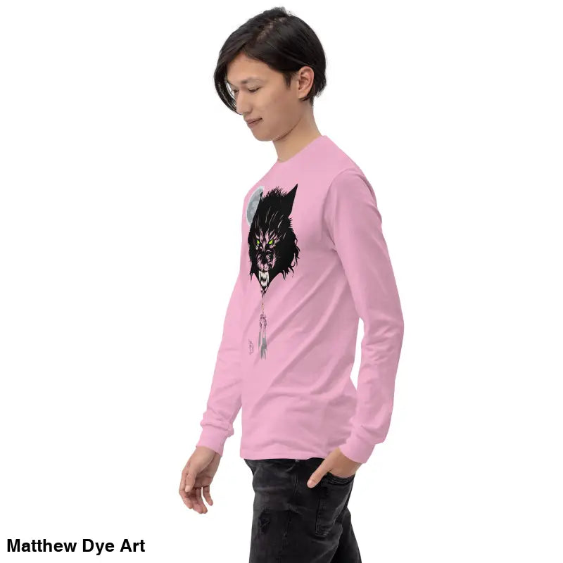 Pink Lunar Menace long-sleeve shirt featuring a werewolf graphic with neon-green eyes
