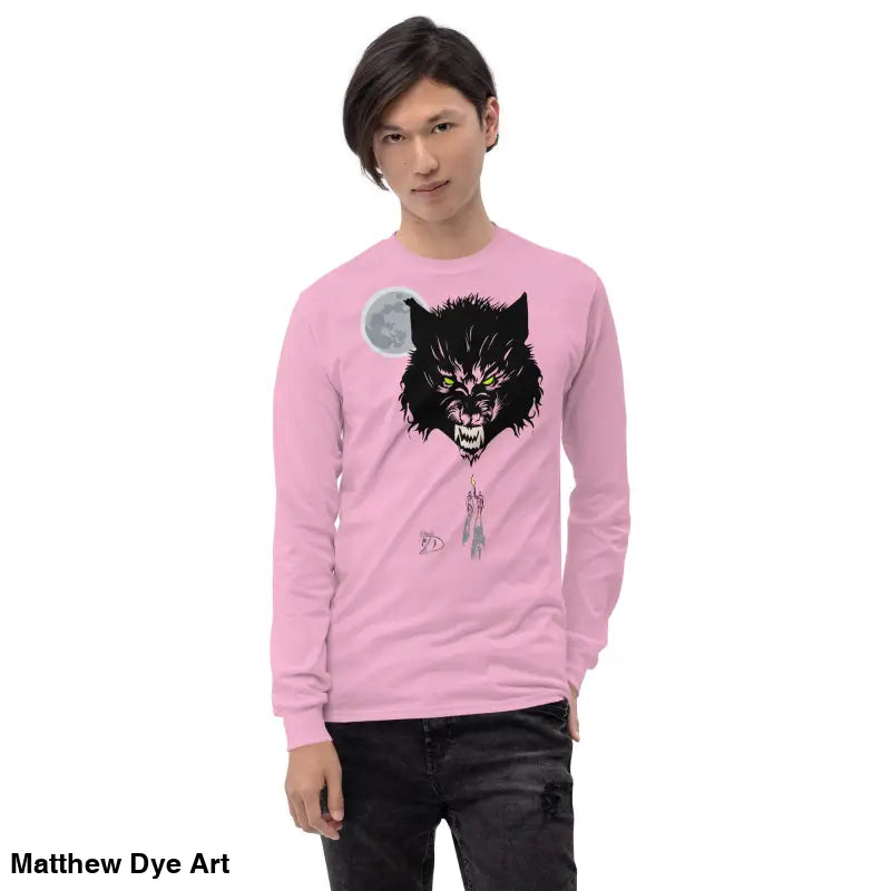 Pink Lunar Menace long-sleeve shirt featuring a werewolf graphic with neon-green eyes