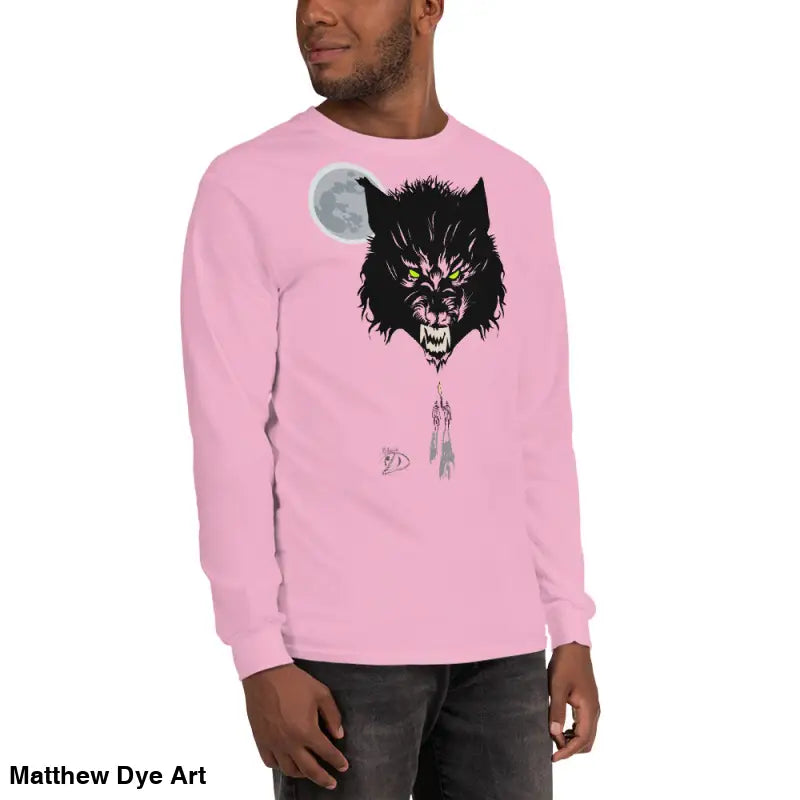 Pink Lunar Menace long-sleeve shirt featuring a werewolf graphic with neon-green eyes
