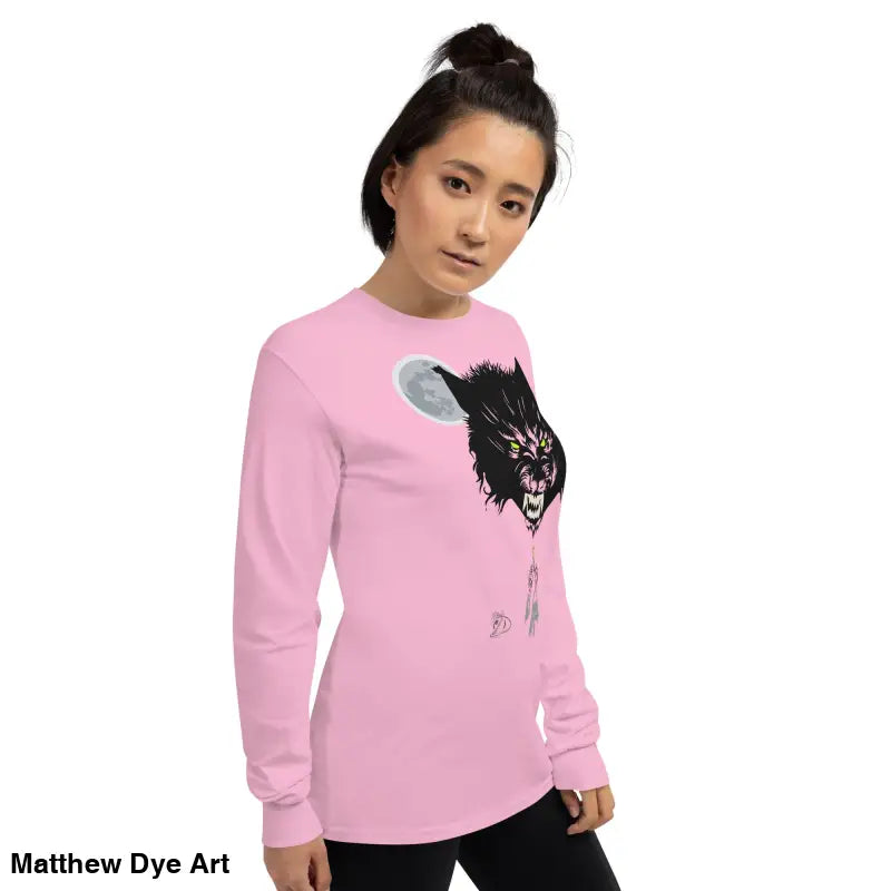 Pink Lunar Menace long-sleeve shirt featuring a werewolf graphic with neon-green eyes