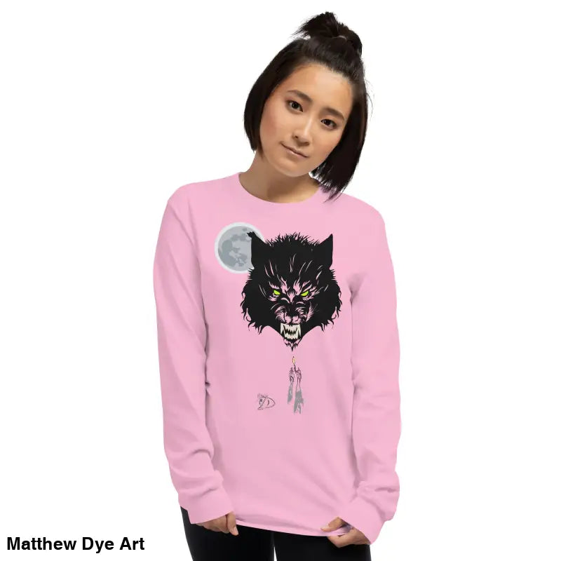 Pink long-sleeved shirt featuring werewolf graphic with neon-green eyes, Lunar Menace Long-Sleeve