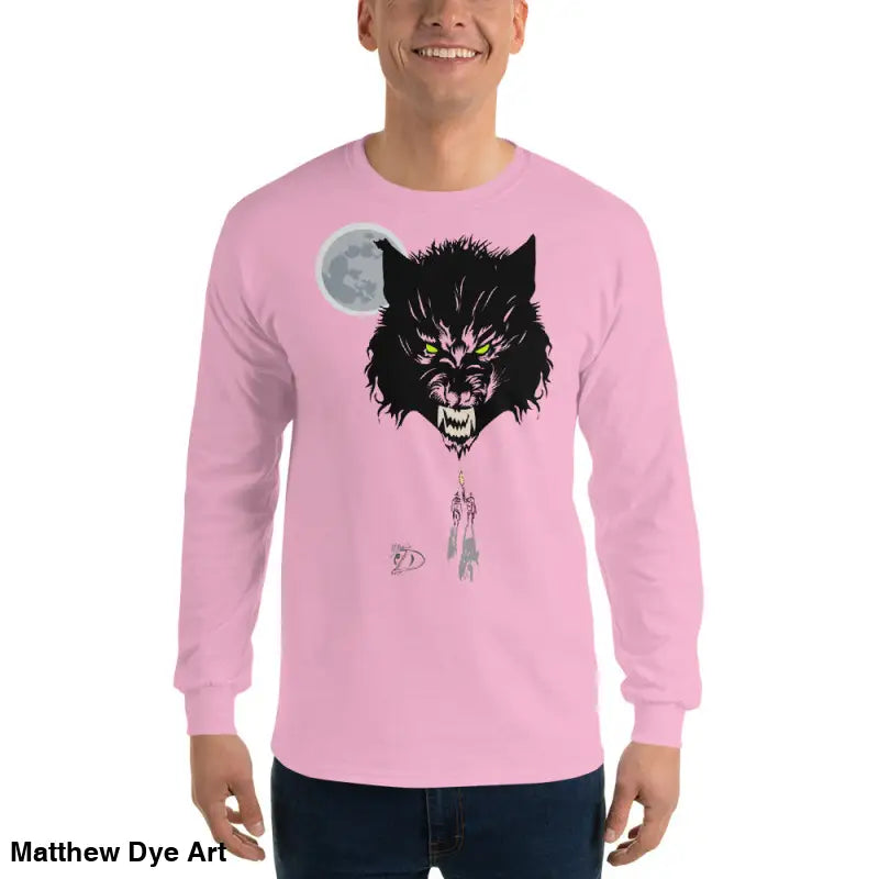 Pink long-sleeved Lunar Menace tee featuring a werewolf with neon-green eyes