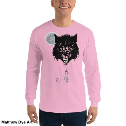 Pink long-sleeved Lunar Menace tee featuring a werewolf with neon-green eyes