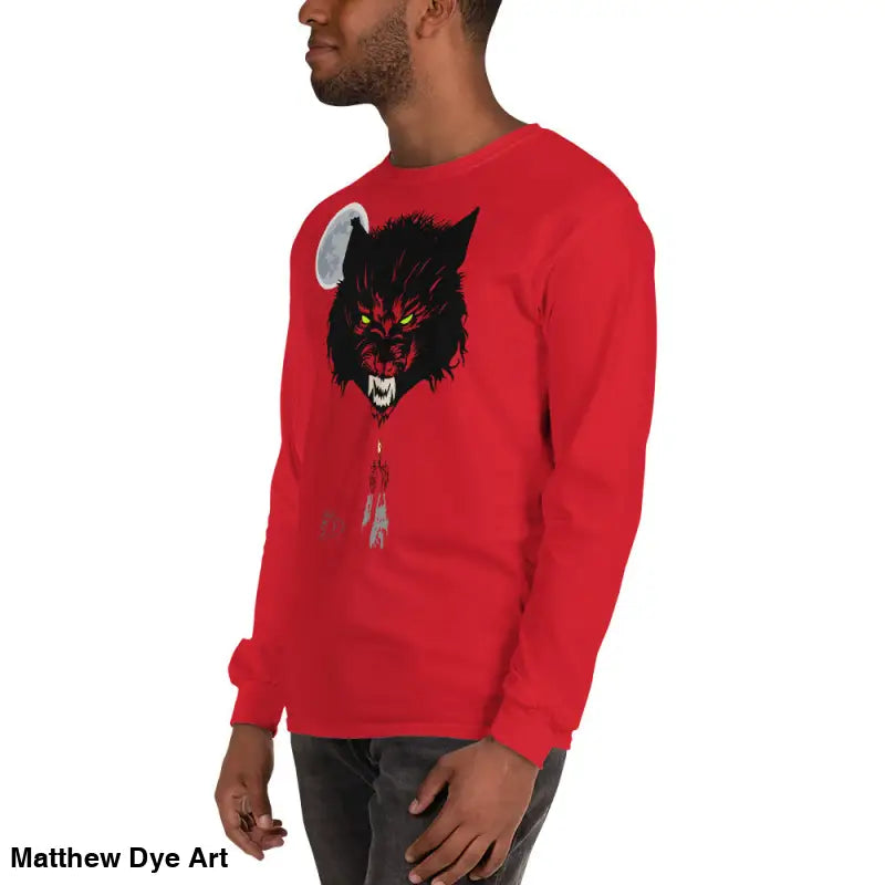 Red Lunar Menace long-sleeve shirt features a werewolf graphic with neon-green eyes