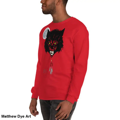 Red Lunar Menace long-sleeve shirt features a werewolf graphic with neon-green eyes