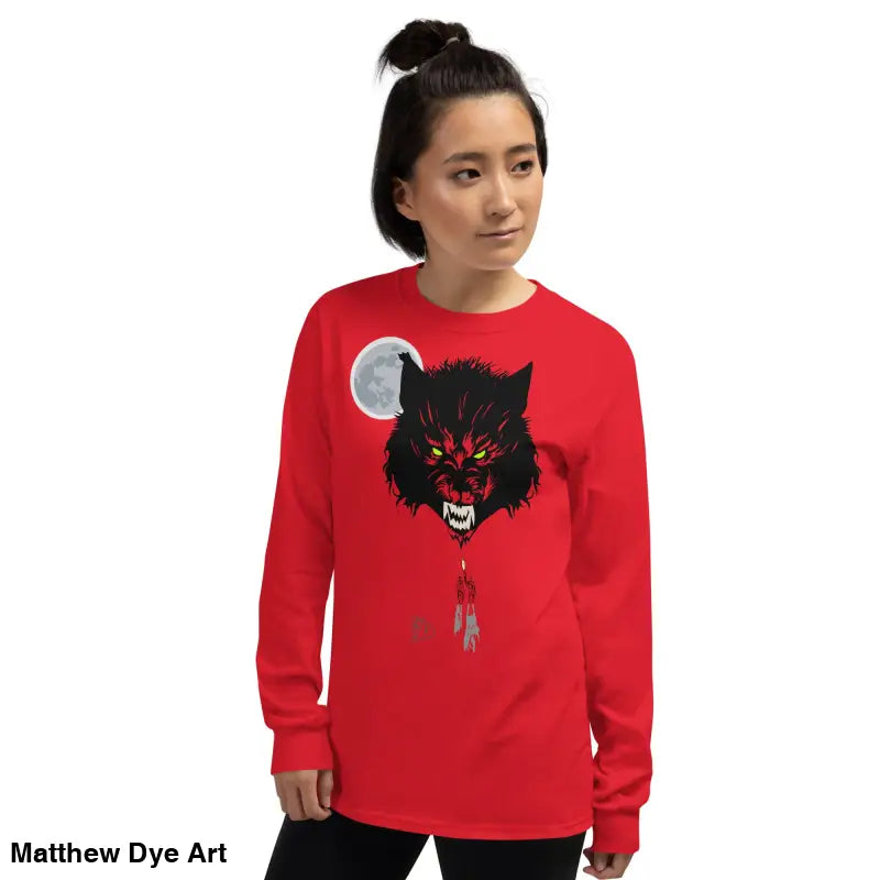 Red long-sleeved shirt featuring werewolf graphic and neon-green eyes, Lunar Menace Long-Sleeve