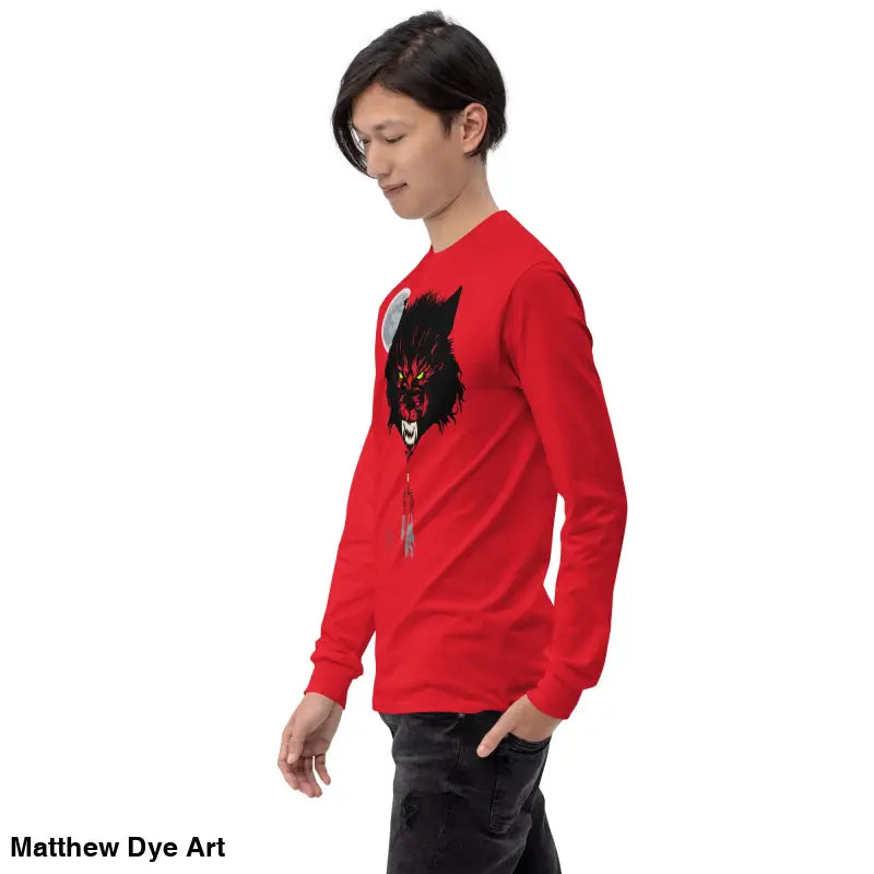 Red Lunar Menace long-sleeve tee featuring a werewolf graphic with neon-green eyes