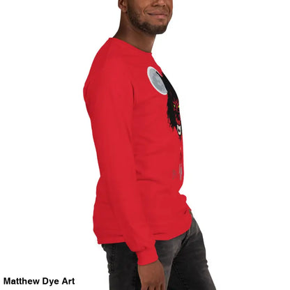Red long-sleeved shirt from Lunar Menace, featuring hauntingly stylish neon-green eyes
