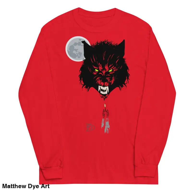 Red long-sleeved shirt featuring a werewolf graphic with neon-green eyes, Lunar Menace Long-Sleeve