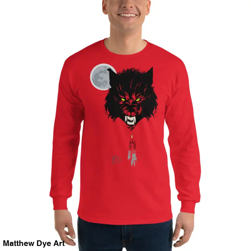 Red Lunar Menace long-sleeve shirt featuring a werewolf graphic with neon-green eyes