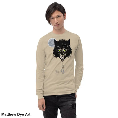 Lunar Menace long-sleeve werewolf t-shirt with hauntingly stylish neon-green eyes