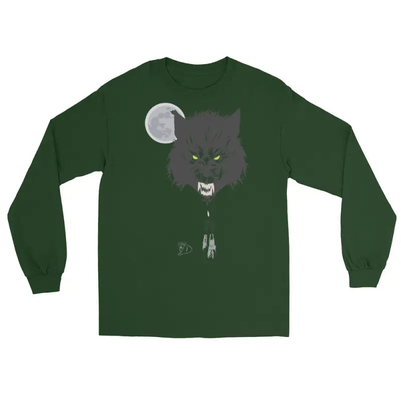 Dark green Lunar Menace long-sleeve tee featuring a wolf and moon graphic design