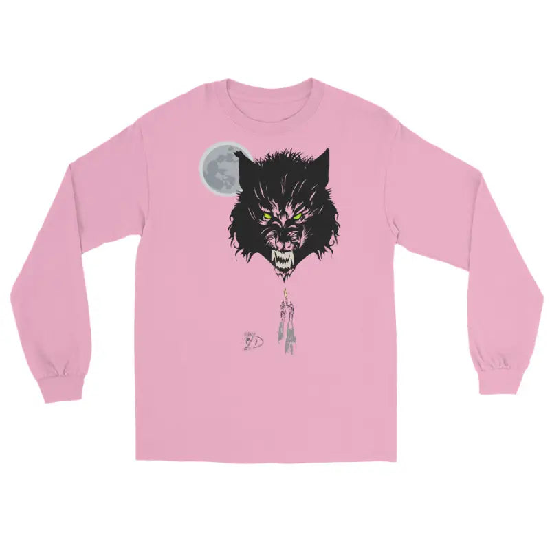 Pink long-sleeve tee showcasing fierce black wolf design under a full moon, Lunar Menace