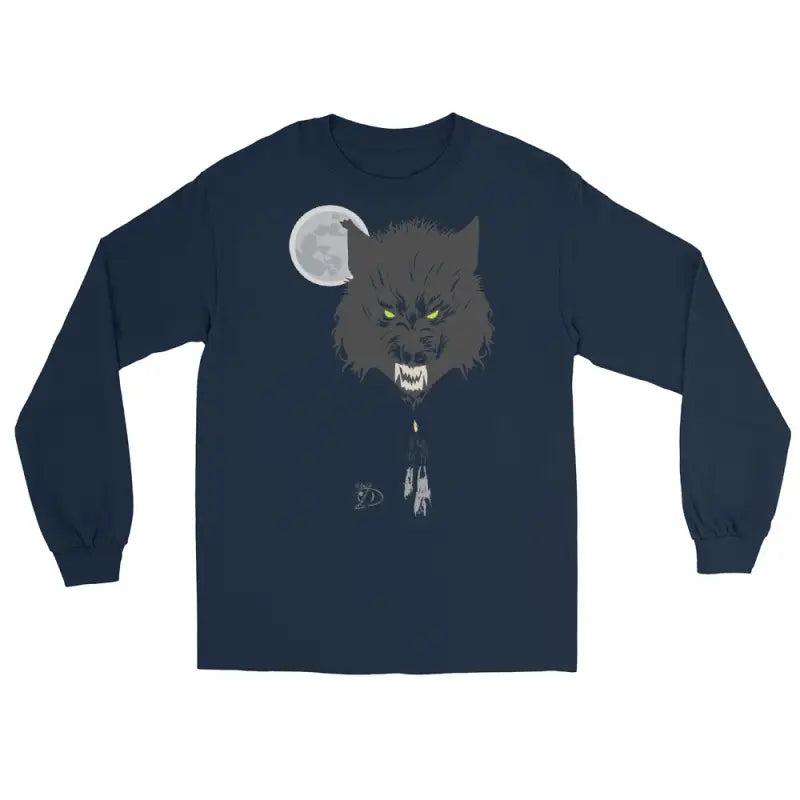 Navy blue lunar menace long-sleeve tee featuring a werewolf head with glowing eyes