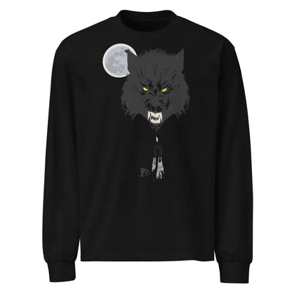 Black long sleeve shirt with menacing werewolf design and glowing yellow eyes