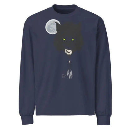 Navy blue long sleeve shirt with wolf silhouette and moon design featuring glowing eyes