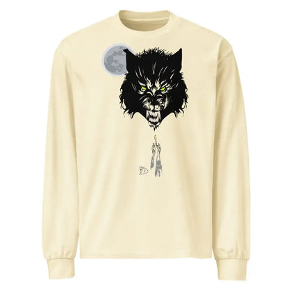 Cream-colored long sleeve shirt featuring a fierce black wolf head with glowing eyes