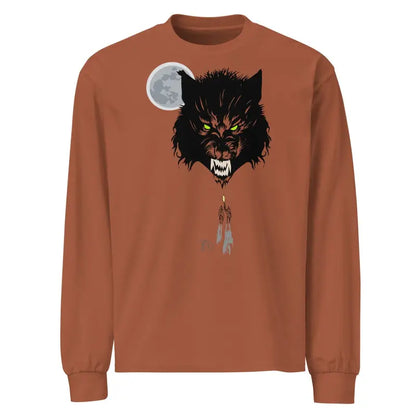 Rust-colored long sleeve shirt featuring a fierce black wolf head with glowing eyes