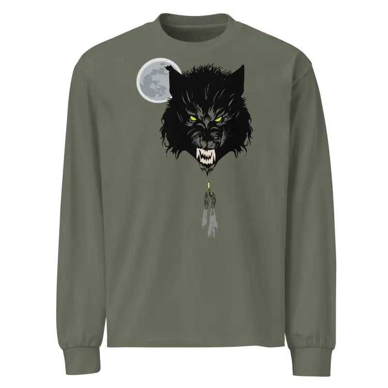 Olive green long sleeve shirt featuring a fierce wolf design with glowing yellow eyes