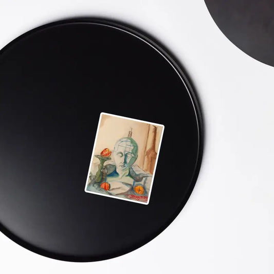 Black circular vinyl record with vintage photo for Matthew Dye’s phrenology premium magnet