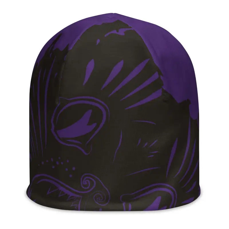 Black winter head beanie with purple abstract floral design for bold fashionistas