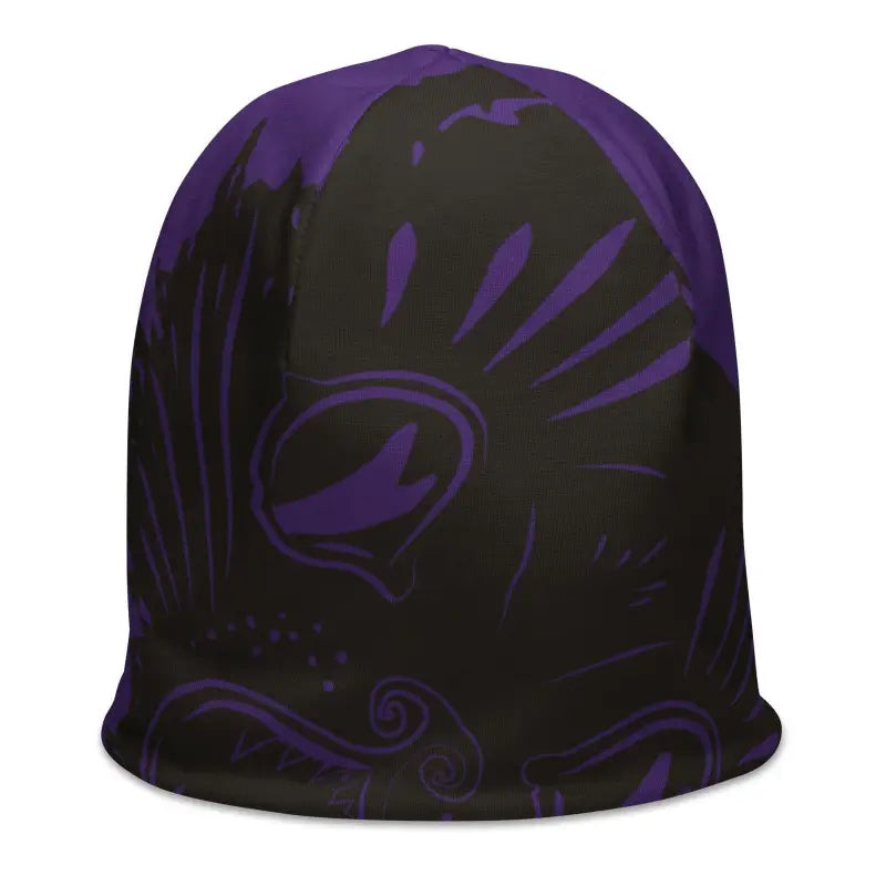 Black winter kitty head beanie featuring abstract purple swirled designs for bold fashionistas