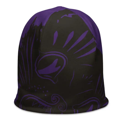 Black winter kitty head beanie featuring abstract purple swirled designs for bold fashionistas