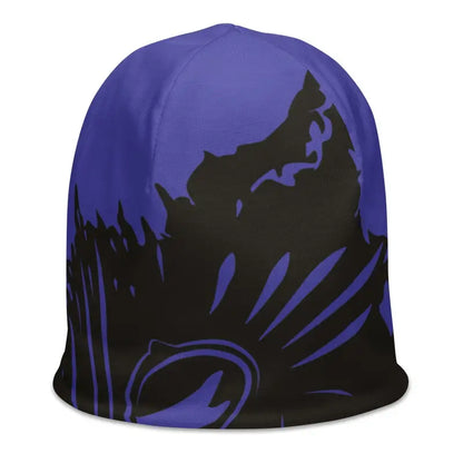 Purple and black winter kitty head beanie featuring an abstract floral design