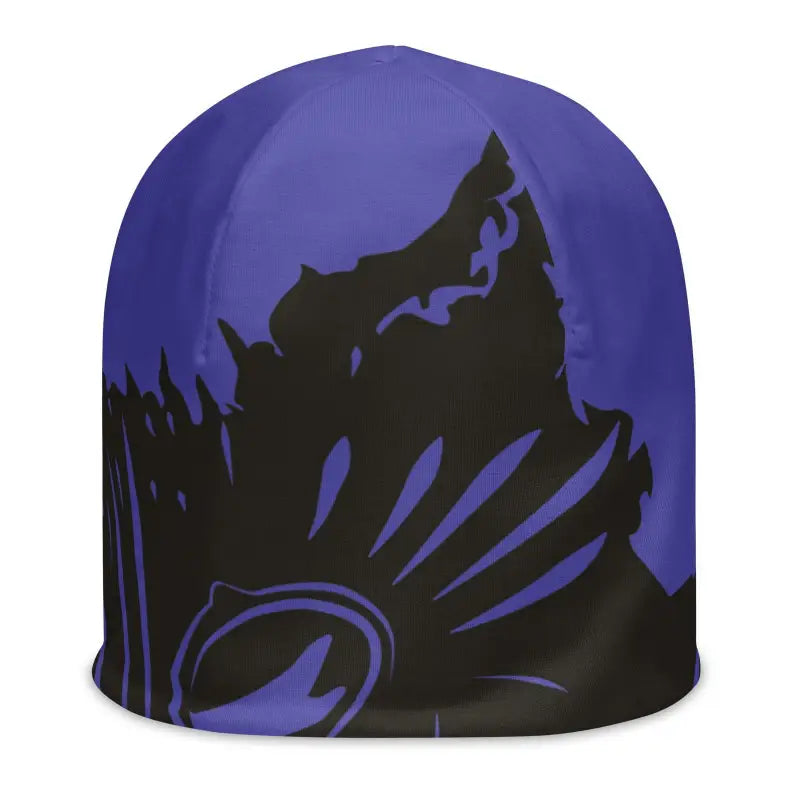 Winter kitty head beanie featuring black abstract design on purple background