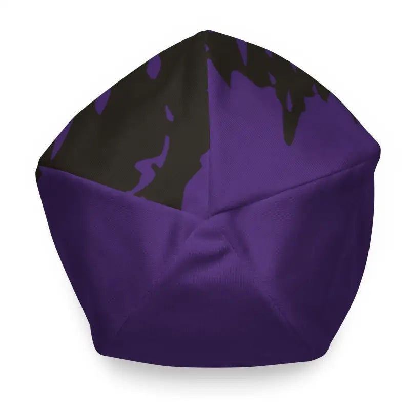 Purple bean bag chair with a shiny surface alongside a Majestic Kitty Head Beanie