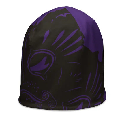 Black winter beanie with purple floral designs, perfect for bold fashionistas and kitty head enthusiasts